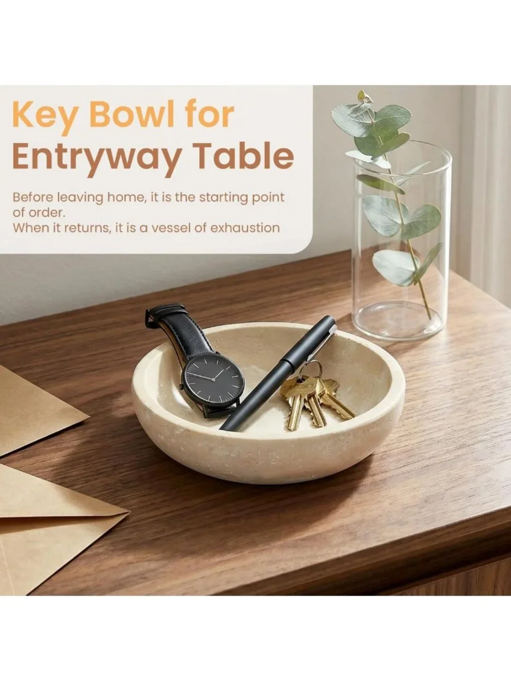 Modern 7.8” Travertine Marble Decorative Bowl - Natural Stone Centerpiece & Key